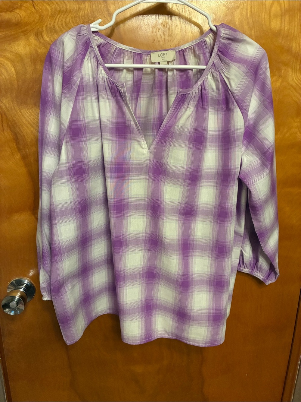 LOFT Lavender and White Plaid Peasant Tunic. Size Large Petite. NWOT
